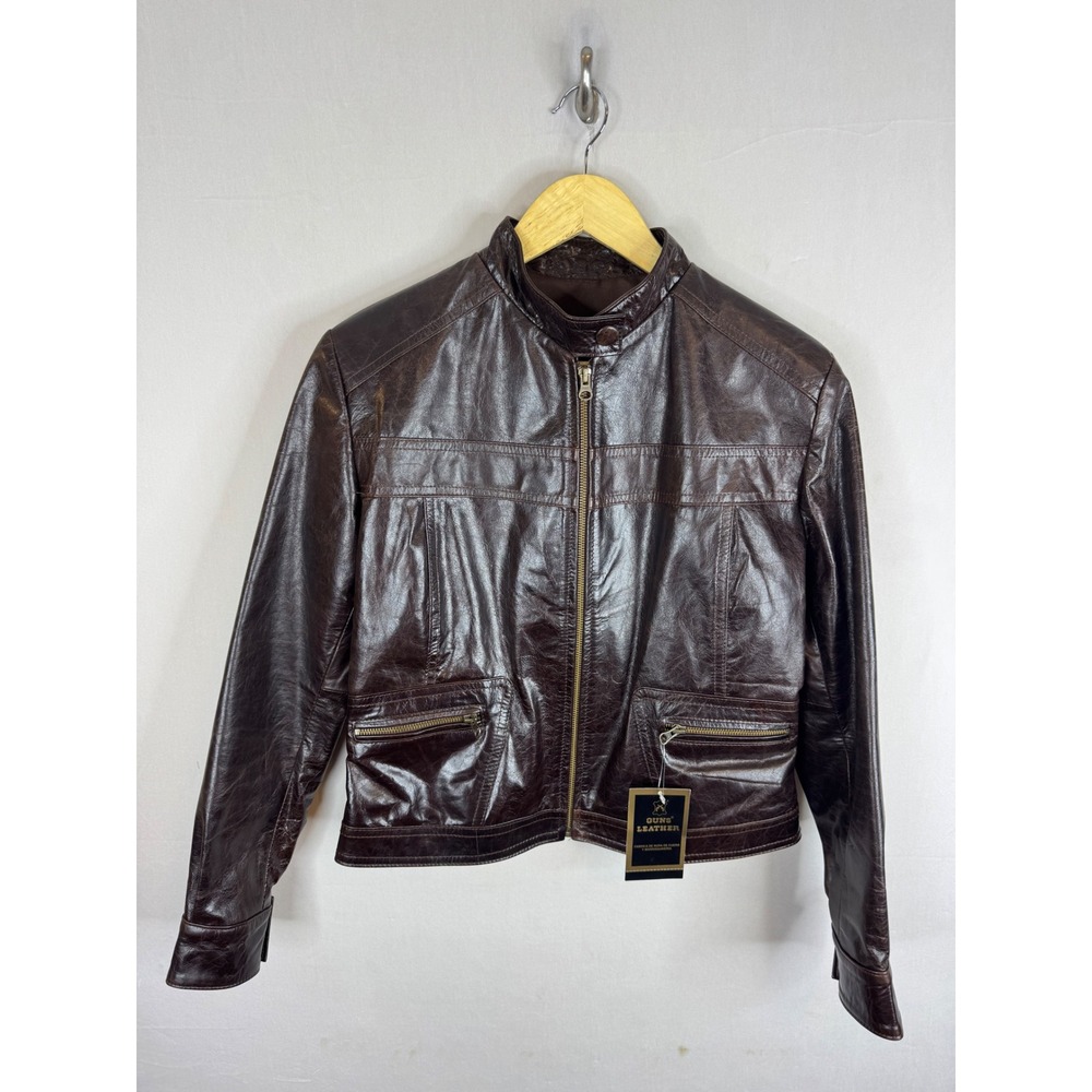 Guns‎ Leather Cafe Racer Jacket Dark Brown Argentine Leather Measures S/M NWT